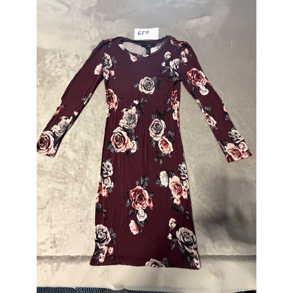Forever 21 Floral Mini Dress Womens Small Burgundy Long Sleeve Rose